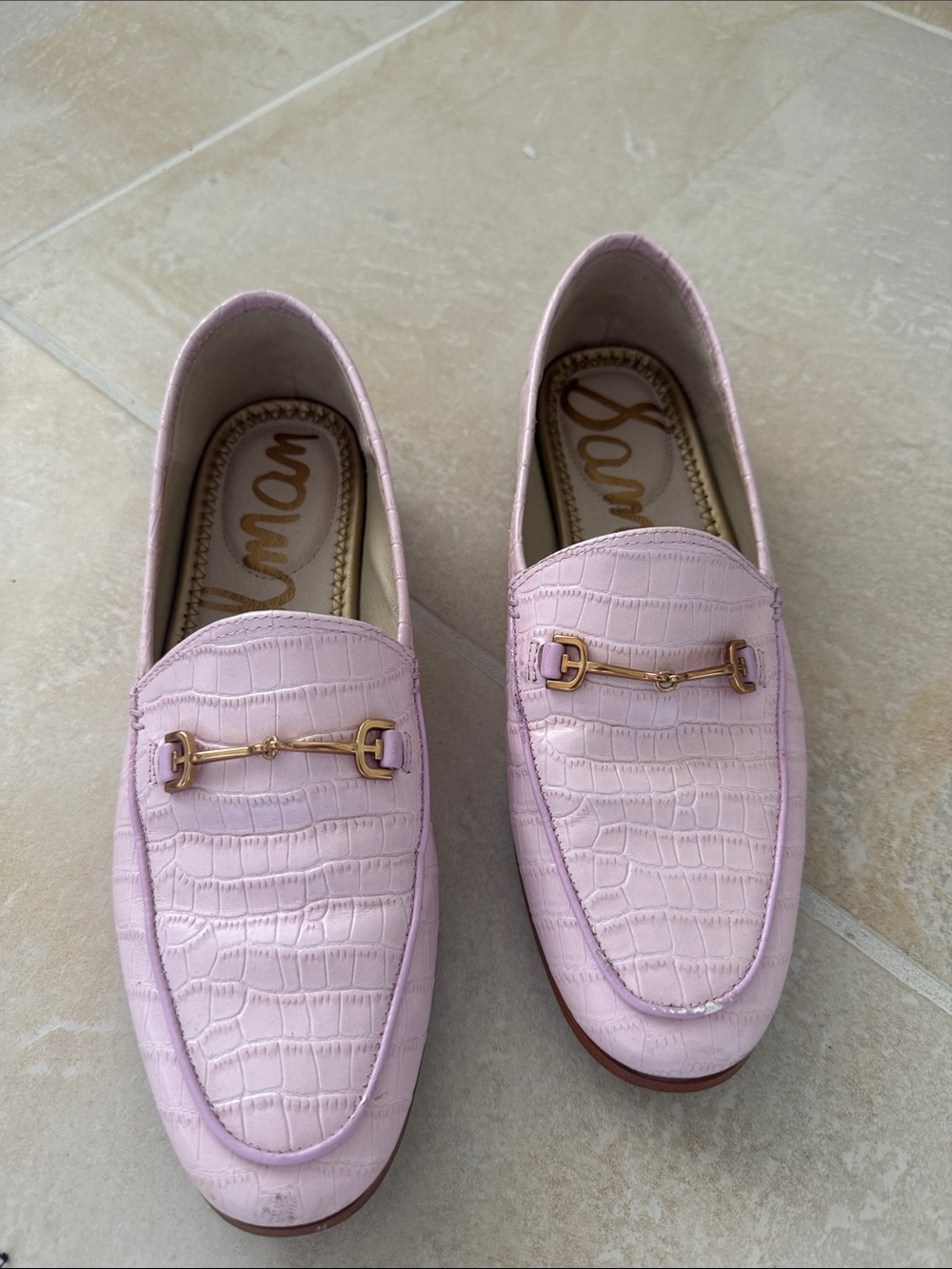 Sam Edelman Pale Pink Croc-Embossed Leather Loafers with Gold Horsebit